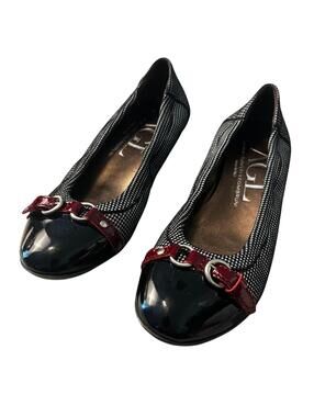 AGL Black and White Houndstooth Ballet Flats with Burgundy Patent Leather Accent
